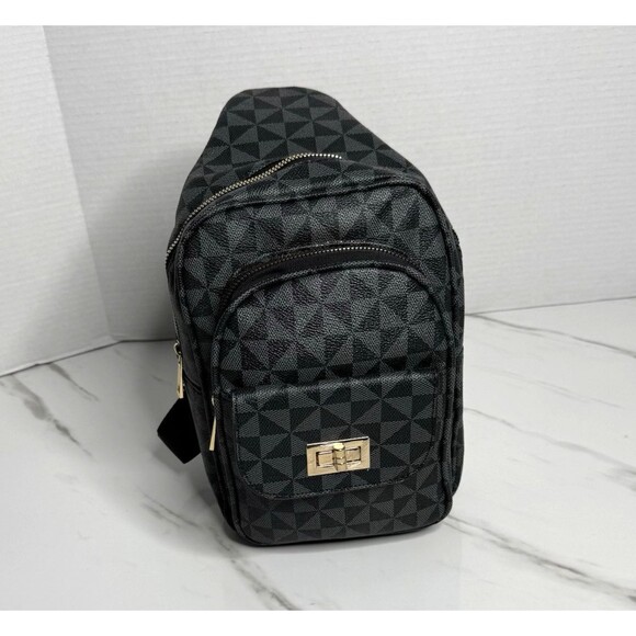 Vegan Sling Backpack Crossbody Geometric Pattern Lead-Free Shoulder Bag in Black - Picture 9 of 9